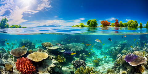 Coral Reef And Island With Underwater Colorful Corals Background showcasing the diversity and beauty of underwater ecosystem - obrazy, fototapety, plakaty