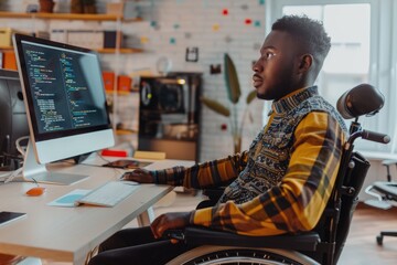 man in wheelchair sitting at desk in front of computer, working in office, Inclusivity - obrazy, fototapety, plakaty