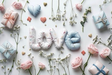 inflated, plump ,  three-dimensional text LOVE with flowers on white background . Greeting card , seasonal holiday. - obrazy, fototapety, plakaty