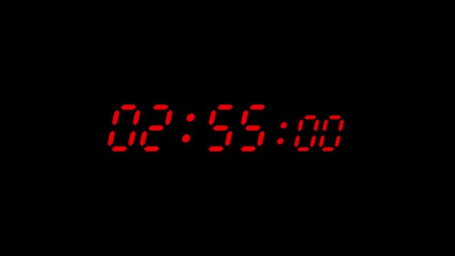3 minute timer countdown animation in red digital color. Flat design. Black background. 4K. Perfect for business, countdowns, and events.