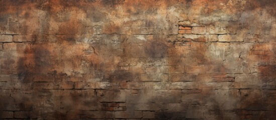 A close up of a brown brick wall with a blurred natural landscape background. The rectangular pattern of the bricks resembles hardwood flooring, creating an artistic contrast with the grass and trees