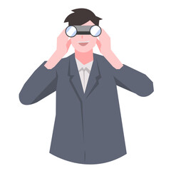 Businessman is using binoculars. Front view. Suitable for business themes. Working in an office, men, suits, success. Flat vector illustration.