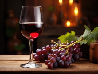 Glass of red wine is on wooden table next to bunch of grapes