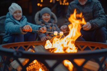 Naklejka premium Family is gathered around fire, roasting marshmallows