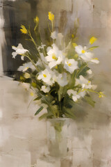 Set of bouquet of flowers still life illustration, Semi-abstract loosely oil painting style, Generative AI illustration.