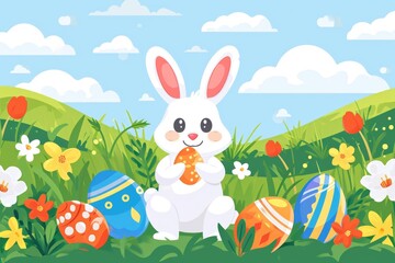 Rabbit is sitting in field of flowers and eggs