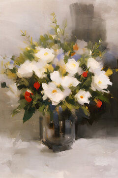 Set of bouquet of flowers still life illustration, Semi-abstract loosely oil painting style, Generative AI illustration.