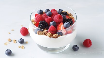 Bowl of yogurt with blueberries and strawberries
