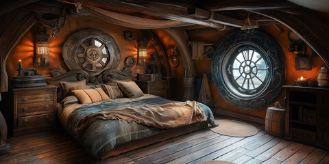 Obraz premium interior of bedroom captain cabin room on medieval pirate ship. Inside wooden pirate sail boat