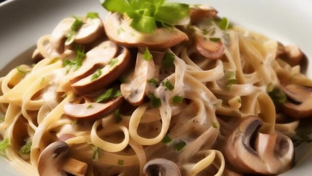 In this shot, delicate linguine pasta is elegantly dressed in a smooth, creamy white sauce. The sauce is studded with tender pieces of chicken, earthy mushrooms, and fragrant slices of garlic,