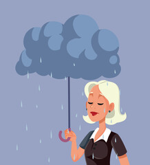 Sad Depressed Woman feeling Under the Weather Vector Character. Unhappy lady suffering from depression and anxiety 
