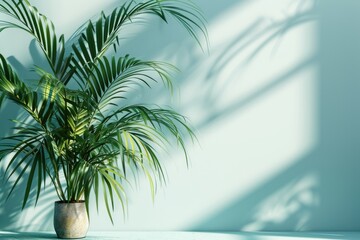 Potted palm plant sits on table in front of wall