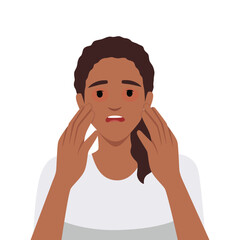 Sad woman with dry reddened eyes due to irritation or allergic reaction. Flat vector illustration isolated on white background