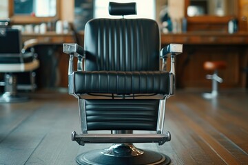 Black barber chair sits in salon