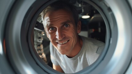 Man is smiling and looking into washing machine