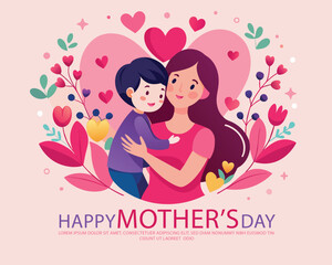 Happy mothers day vector poster with mother and child