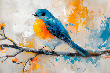 A vibrant acrylic painting of a blue and orange bird sitting on a spring branch, perfect for home decor or artistic inspiration.