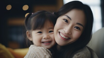 Woman and little girl are smiling at camera