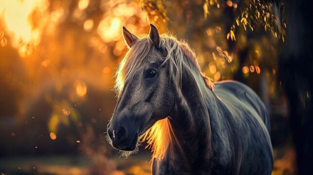 Horse with long mane and tail is standing in field