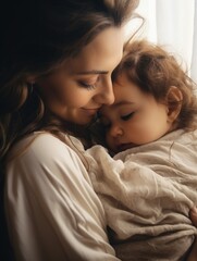 Fototapeta na wymiar Woman is holding baby in her arms