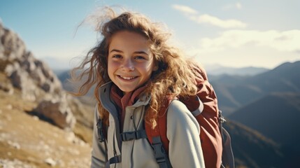 Naklejka premium Girl with long hair is smiling and wearing backpack