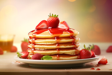 Photo of a stack of hot freshly baked pancakes with fresh strawberry topping isolated on a white background