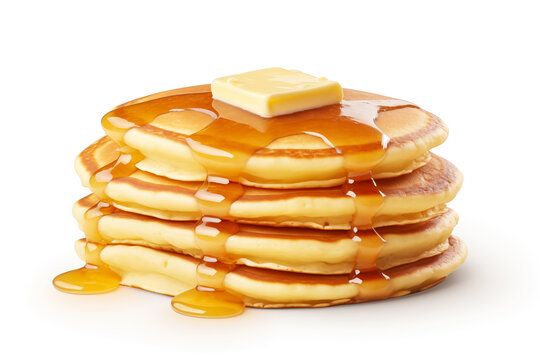 Photo of a stack of hot freshly baked pancakes with butter isolated on a white background