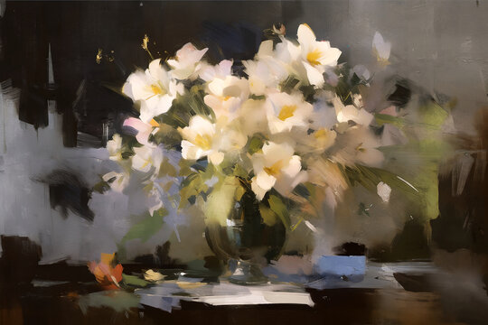 Set of bouquet of flowers still life illustration, Semi-abstract loosely oil painting style, Generative AI illustration.