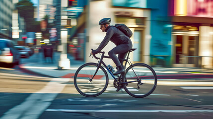 Fast, bicycle and business man in city for morning, commute and carbon neutral transportation. Travel, sustainability and cycling with male employee in urban town for motion blur, speed and transit
