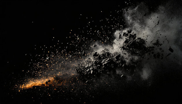 Black stone, burning, crumbling, aerial, smoke, dust, powder, chips, popping, explosion, black background, close-up