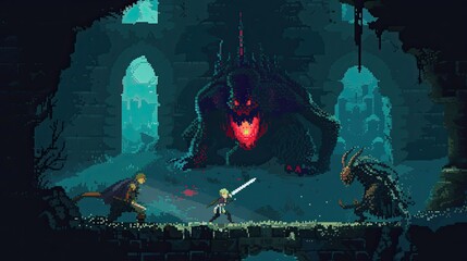 Pixel character fights a monster. Pixel art, style, game development, design, RPG, computer, dragon, creature, sword, dark. Generated by AI