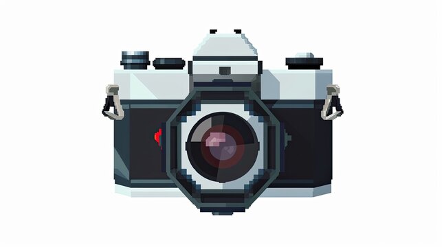Pixel photo camera. Pixel art, style, pose, selfie, button, flash, snapshot, lens, film, lens, zenith, frame, model, photo shoot. Generated by AI