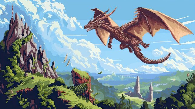 Pixel dragon. Style, fantasy, creature, mythical, pixel art, colorful, gaming, design, character. Generated by AI