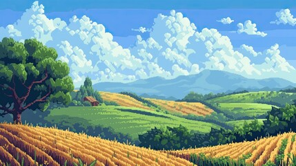 Pixel field. Style, steppe, sky, clouds, rye, wheat, meadow, grass, flowers, space, harvest, forest, steppe, plowing, cornfield, ear, horse, sowing. Generated by AI