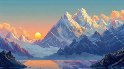 Pixel mountains. Style, danger, fog, clothing, blizzard, equipment, extreme, trail, snow, peak, rocks, height, clouds, rivers, skis, avalanche, air, climber, hike, gorge. Generated by AI