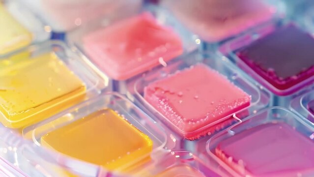 An upclose image of a petri dish containing several small squares of lightresponsive material. Each square shows a different color ranging from pink to yellow as they react