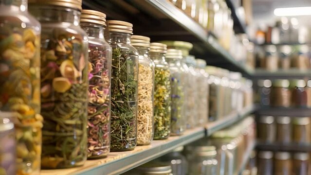 In our ingredient storage room rows of glass jars containing natural botanicals line the shelves each carefully sourced and traced back to its origin for full transparency