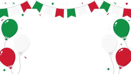 Cheerful Italy celebration background illustration with the Italy flag-colored party bunting, balloons, and confetti. Flat design illustration.	