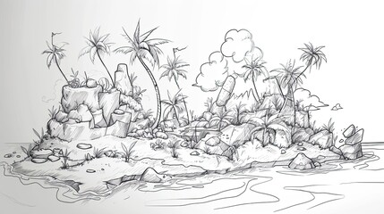 Beach with palm trees. Abstract, doodle, swimming, sand, sea, sun, tan, relaxation, umbrella, swimsuit, heat, summer, water, pebbles, deck chair. Generated by AI