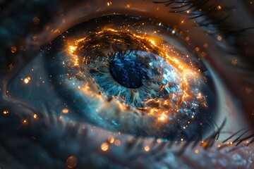 A human eye exploring the cosmos, Gorgeous eye in space, science and art concentrate on the human eye, which radiates an ethereal golden sheen. A close-up of this technologically and naturally blended