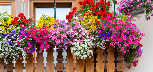 Traditional flowered balcony at the Alps and Dolomites. Colorful flowers on balcony. Summer time. Mix of flowers and colors. General contest of the European Alps