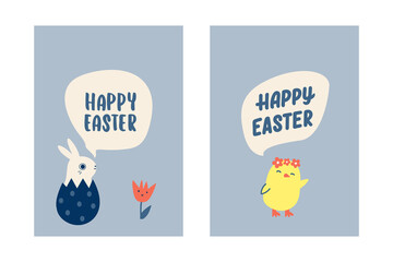 Minimalistic vertical vector cards with the inscription Happy Easter with illustrations of a baby bunny in an Easter egg and a yellow baby chick.