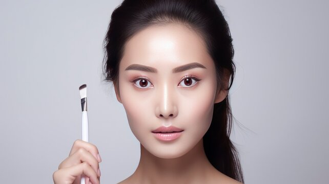 Asian woman with a beautiful face and Perfect clean fresh skin Portrait of female model using brush for makeup on Grey isolated background beauty and spa - generative ai