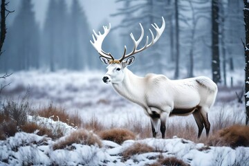 Naklejka na ściany i meble white reindeer peacefully amidst a snowy glade