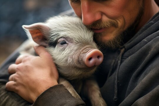 
Close-up photo of a sllepy mini pig nestled in the arms of its owner, both expressing joy and contentment in each other's company.