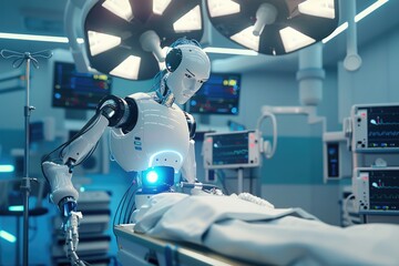 Robot doctor, surgeon in operating room. technologies of the future, a robot performs an operation - obrazy, fototapety, plakaty