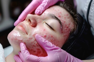 A person undergoing acne treatment, showcasing skincare products and topical medications. - obrazy, fototapety, plakaty
