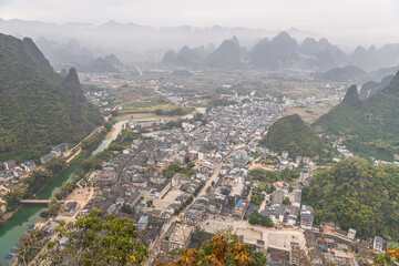 Obraz premium Arial view of Guilin, Li River and Karst mountains Yangshuo and Xingping