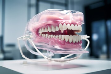 Fototapeta na wymiar A full upper jaw denture in the atmospheric interior of a modern dental clinic, conveying its innovative technologies and approaches to treatment