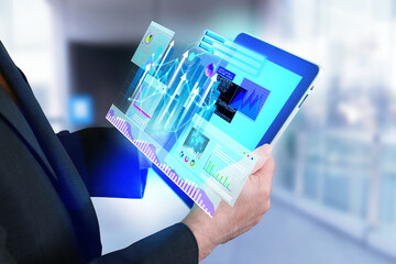 Side view of a businessman holding a tablet with a holographic graphic displaying data from AI operations, illustration picture.